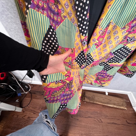 Vintage Silk 1980s Blazer Retro Shoulder Pads Maximalist Polka Dot Patchwork - Picture 8 of 9